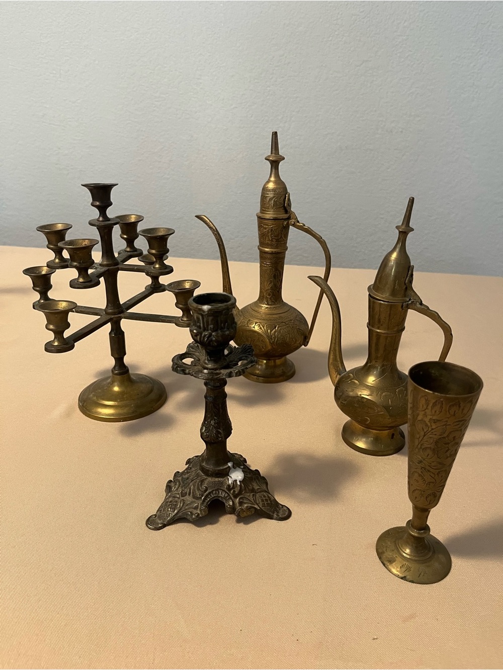 Vintage Brass Decorative Ewers, Candlesticks & Taper Holder - Brass Set